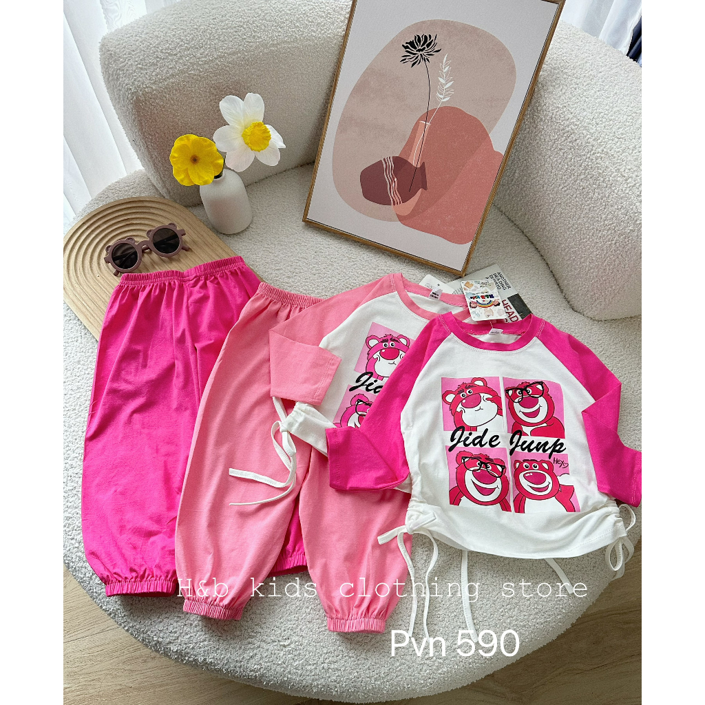 Bộ thu đông bé gái , sét bộ gấu dâu rút eo cotton 3 màu cho bé gái 10-30kg