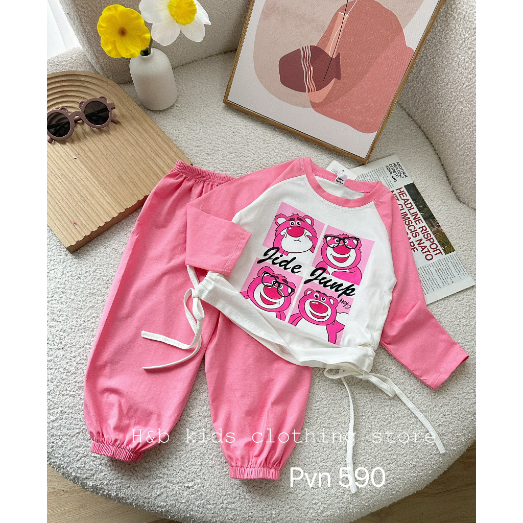 Bộ thu đông bé gái , sét bộ gấu dâu rút eo cotton 3 màu cho bé gái 10-30kg