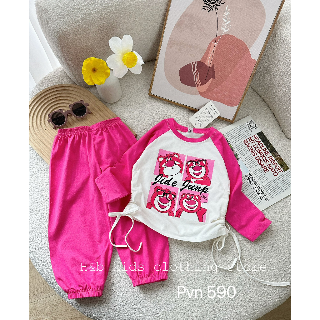 Bộ thu đông bé gái , sét bộ gấu dâu rút eo cotton 3 màu cho bé gái 10-30kg