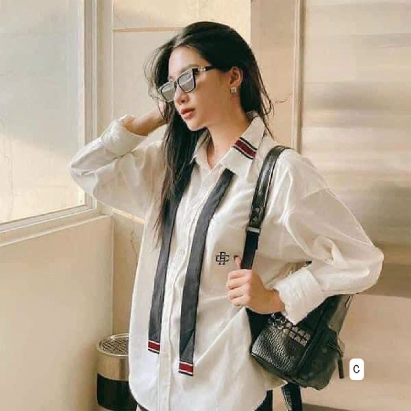 Áo sơ mi tay dài cổ phối dây