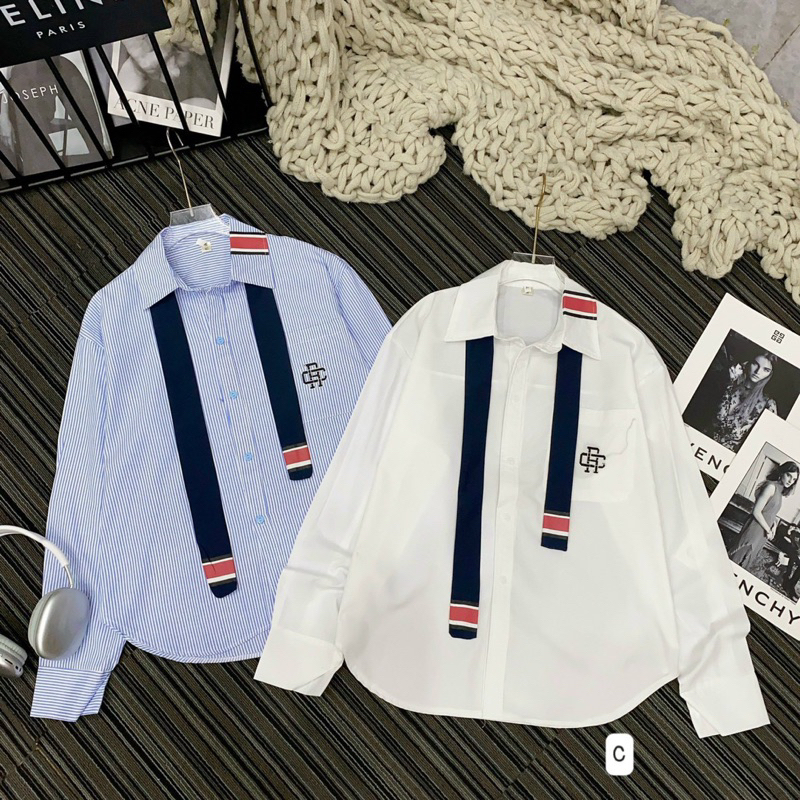 Áo sơ mi tay dài cổ phối dây