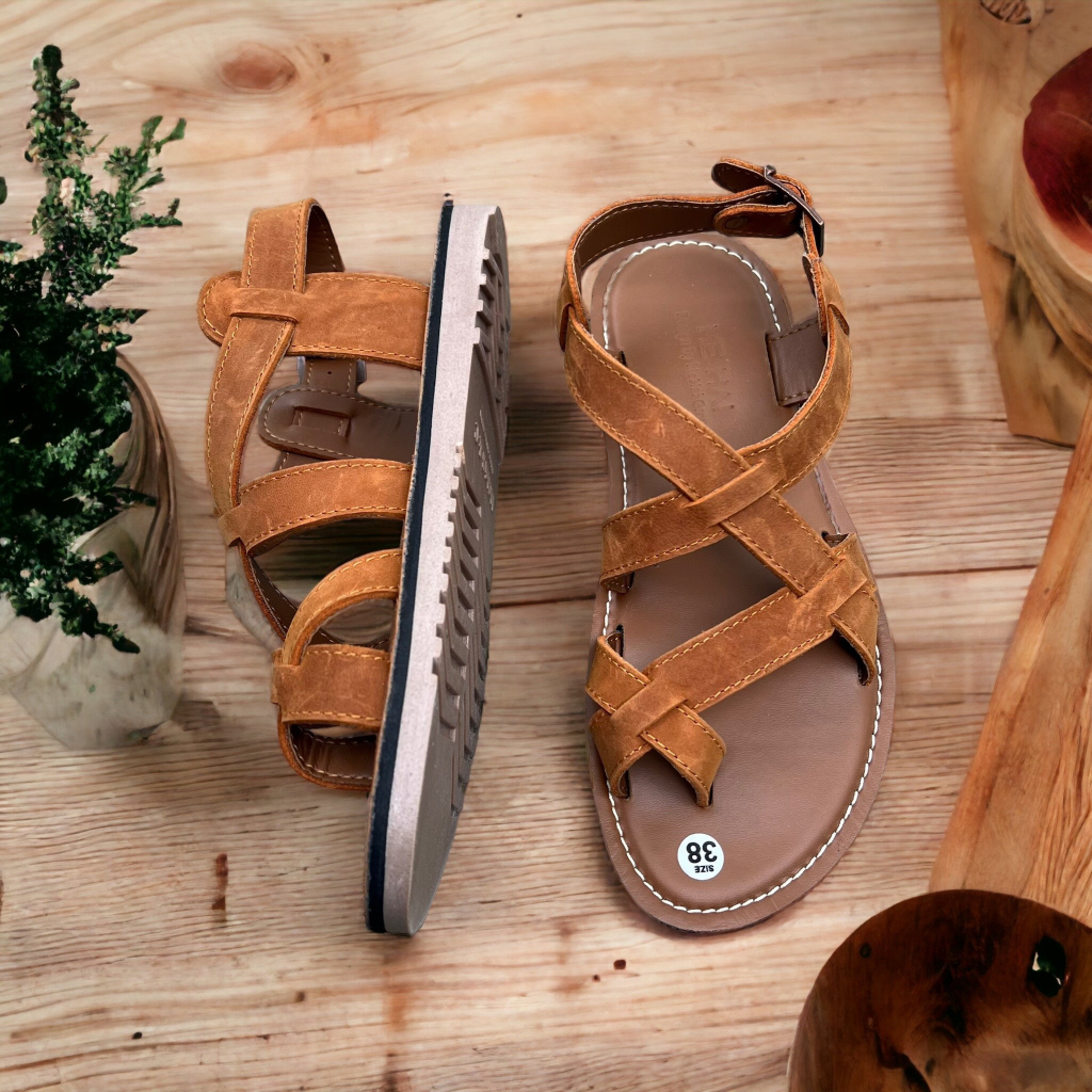 MH03- Dép Sandal nam quai hậu xỏ ngón da bò sáp Đế 2 Lớp Cao Su Nguyên Khối MeHai