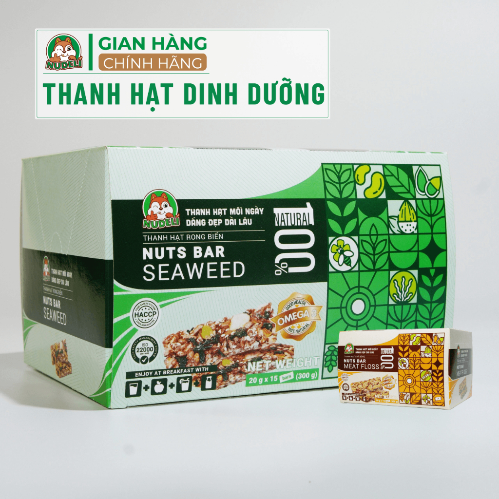 COMBO 15 Thanh Hạt Dinh Dưỡng NUDELI, Rong Biển, Chà Bông, ăn sáng tiện lợi, thanh 20 gram