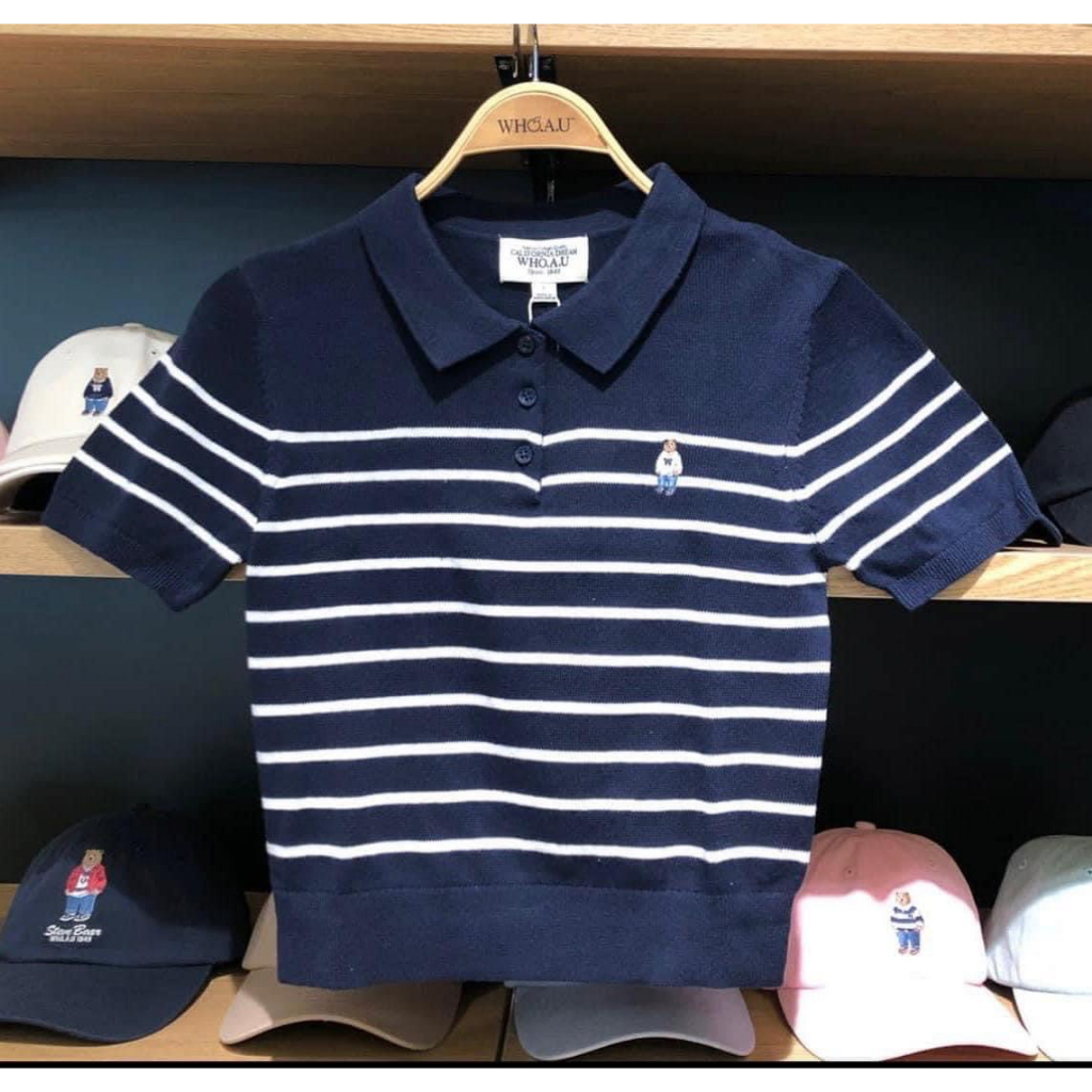 Áo thun len tay ngắn kẻ ngang Whoau WHKAD2431F cotton 100% mềm mịn chính hãng sale