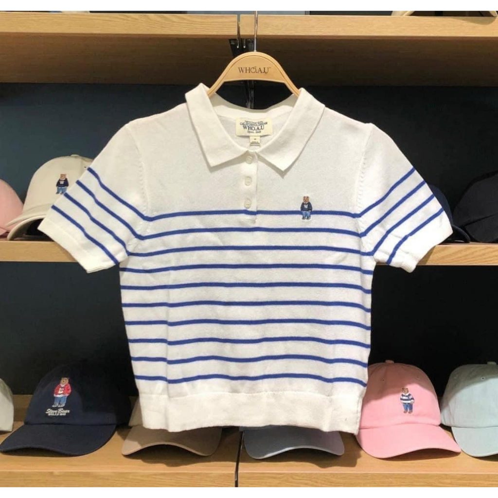 Áo thun len tay ngắn kẻ ngang Whoau WHKAD2431F cotton 100% mềm mịn chính hãng sale