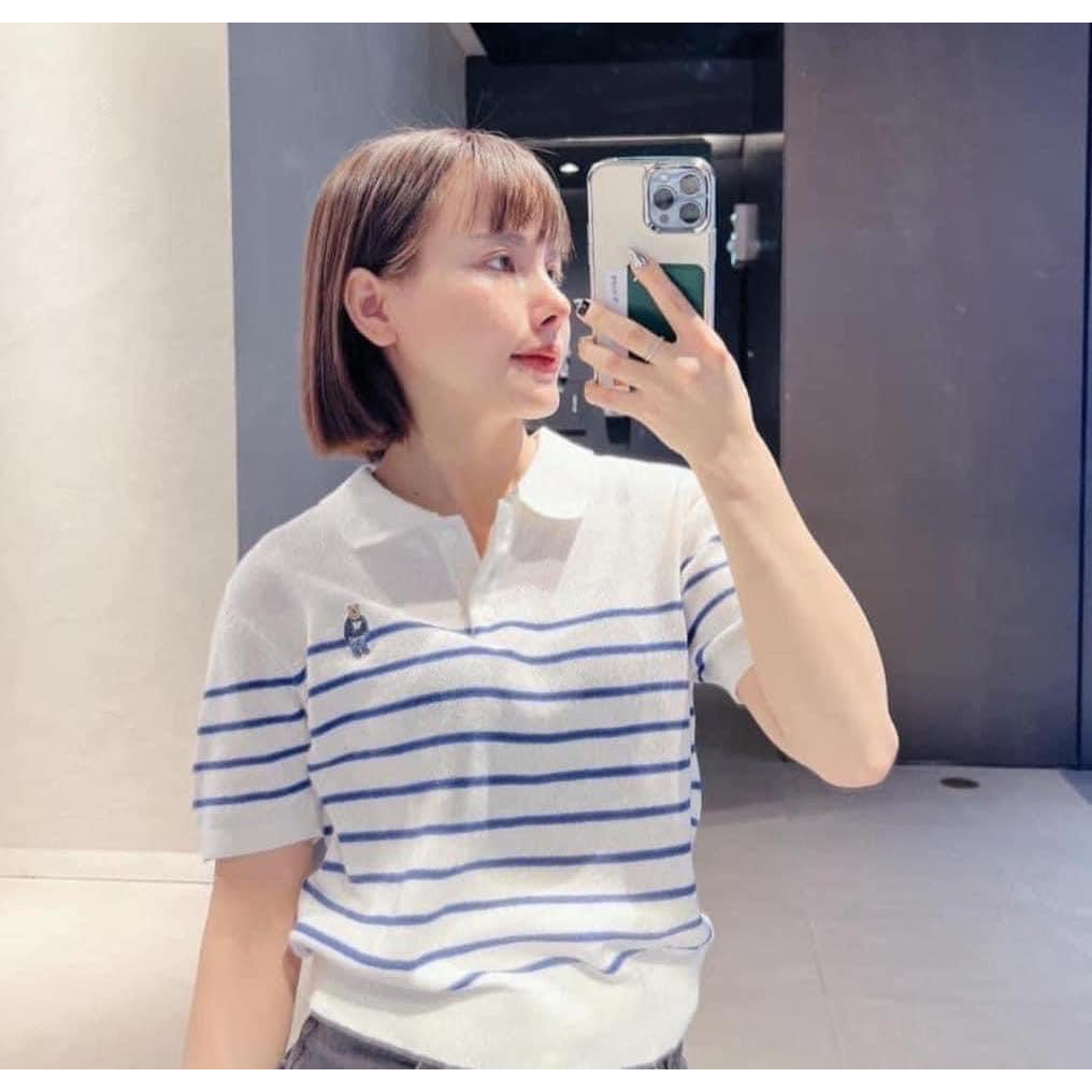 Áo thun len tay ngắn kẻ ngang Whoau WHKAD2431F cotton 100% mềm mịn chính hãng sale