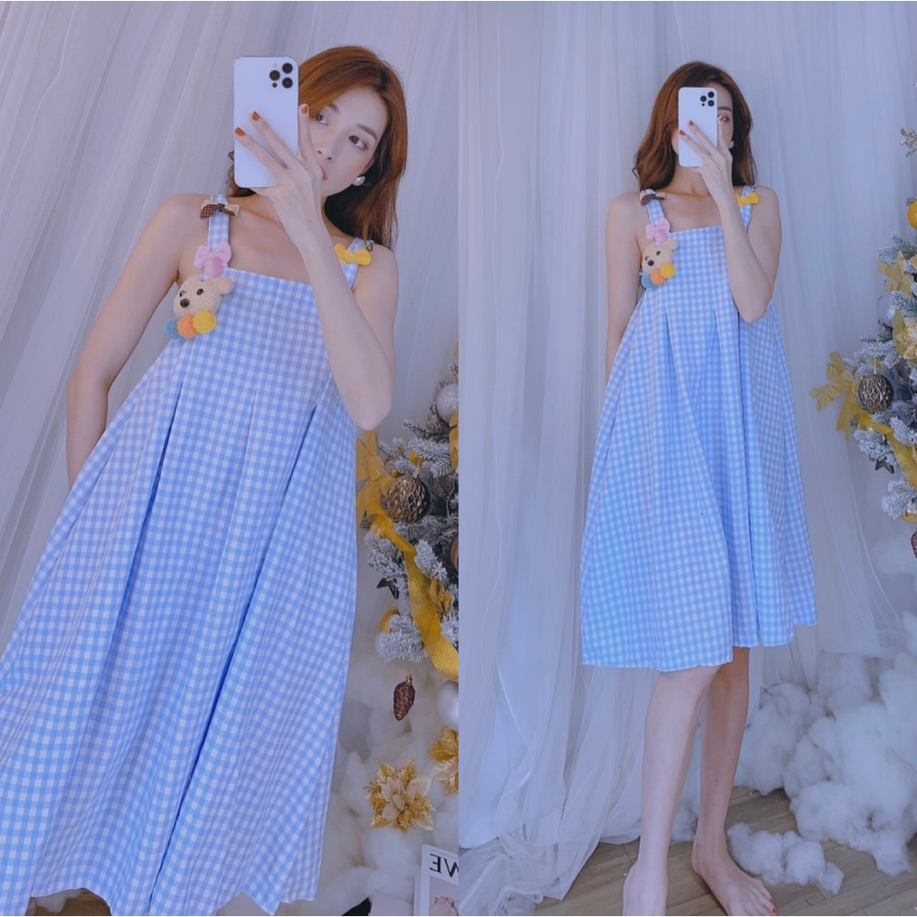 Đầm hai dây caro phối gấu  dáng xòe siêu xinh, đầm babydoll phối gấu bông cute, đầm tết dễ thương