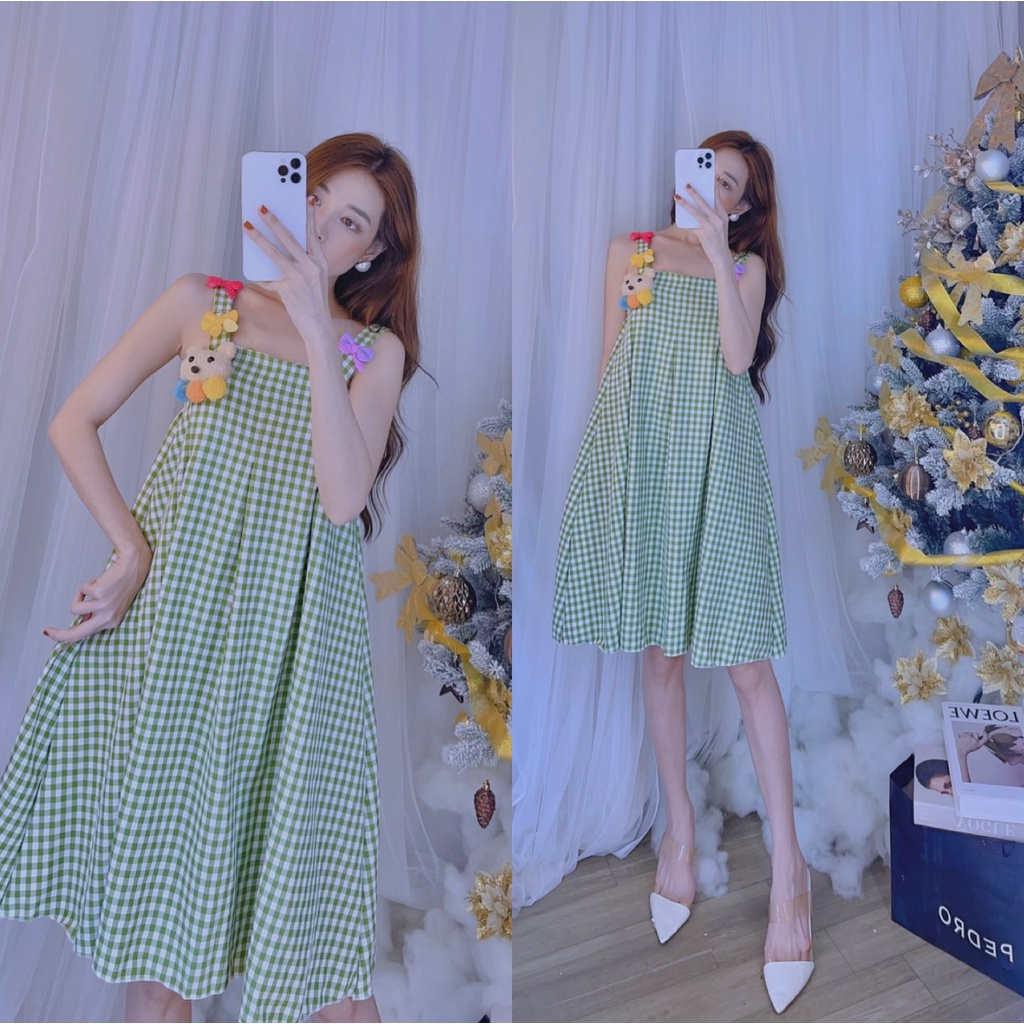 Đầm hai dây caro phối gấu  dáng xòe siêu xinh, đầm babydoll phối gấu bông cute, đầm tết dễ thương