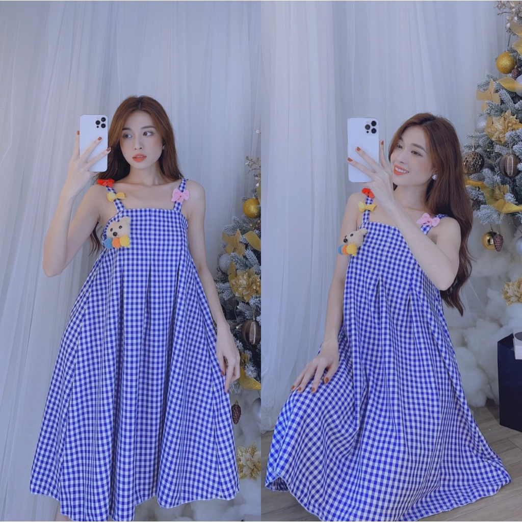 Đầm hai dây caro phối gấu  dáng xòe siêu xinh, đầm babydoll phối gấu bông cute, đầm tết dễ thương