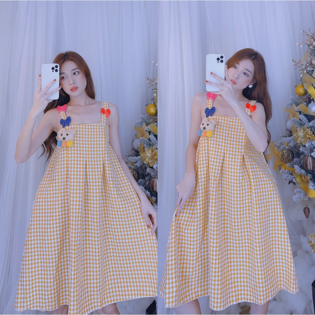 Đầm hai dây caro phối gấu  dáng xòe siêu xinh, đầm babydoll phối gấu bông cute, đầm tết dễ thương