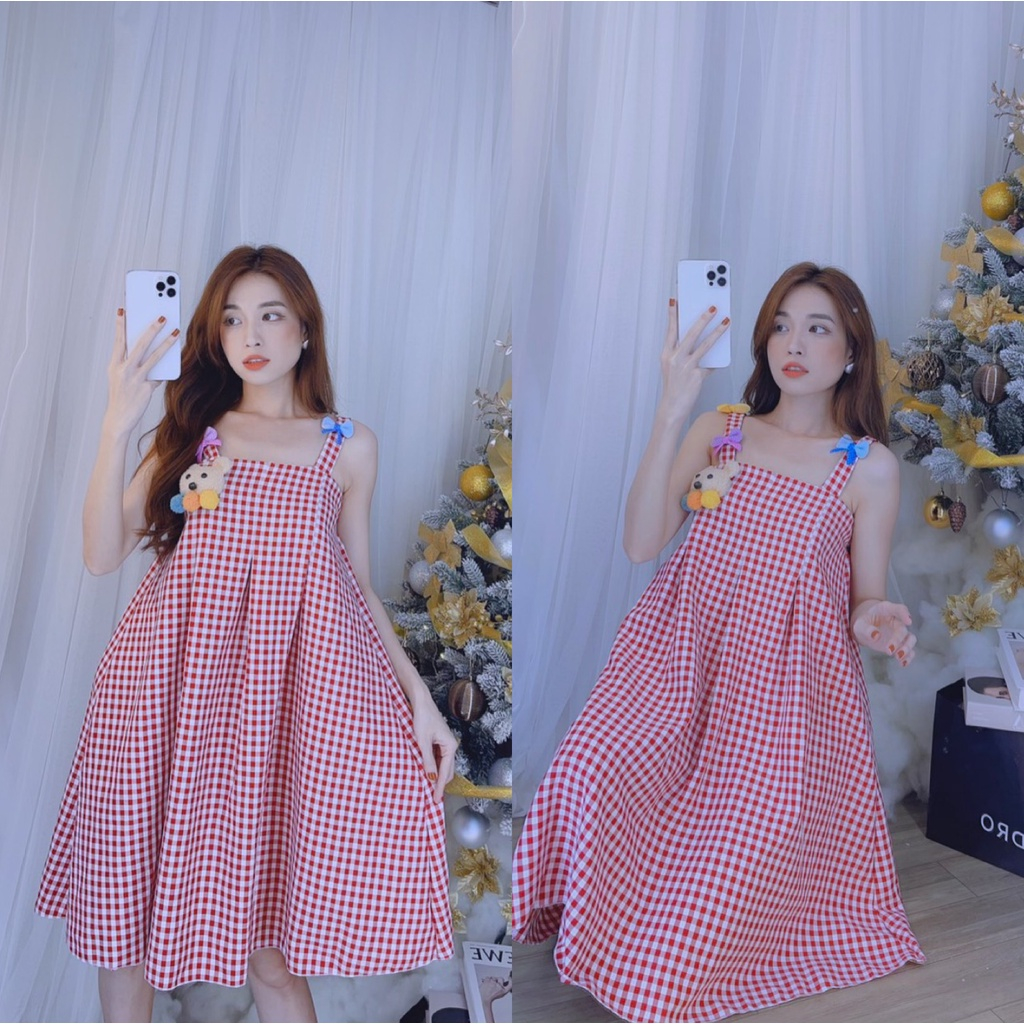 Đầm hai dây caro phối gấu  dáng xòe siêu xinh, đầm babydoll phối gấu bông cute, đầm tết dễ thương