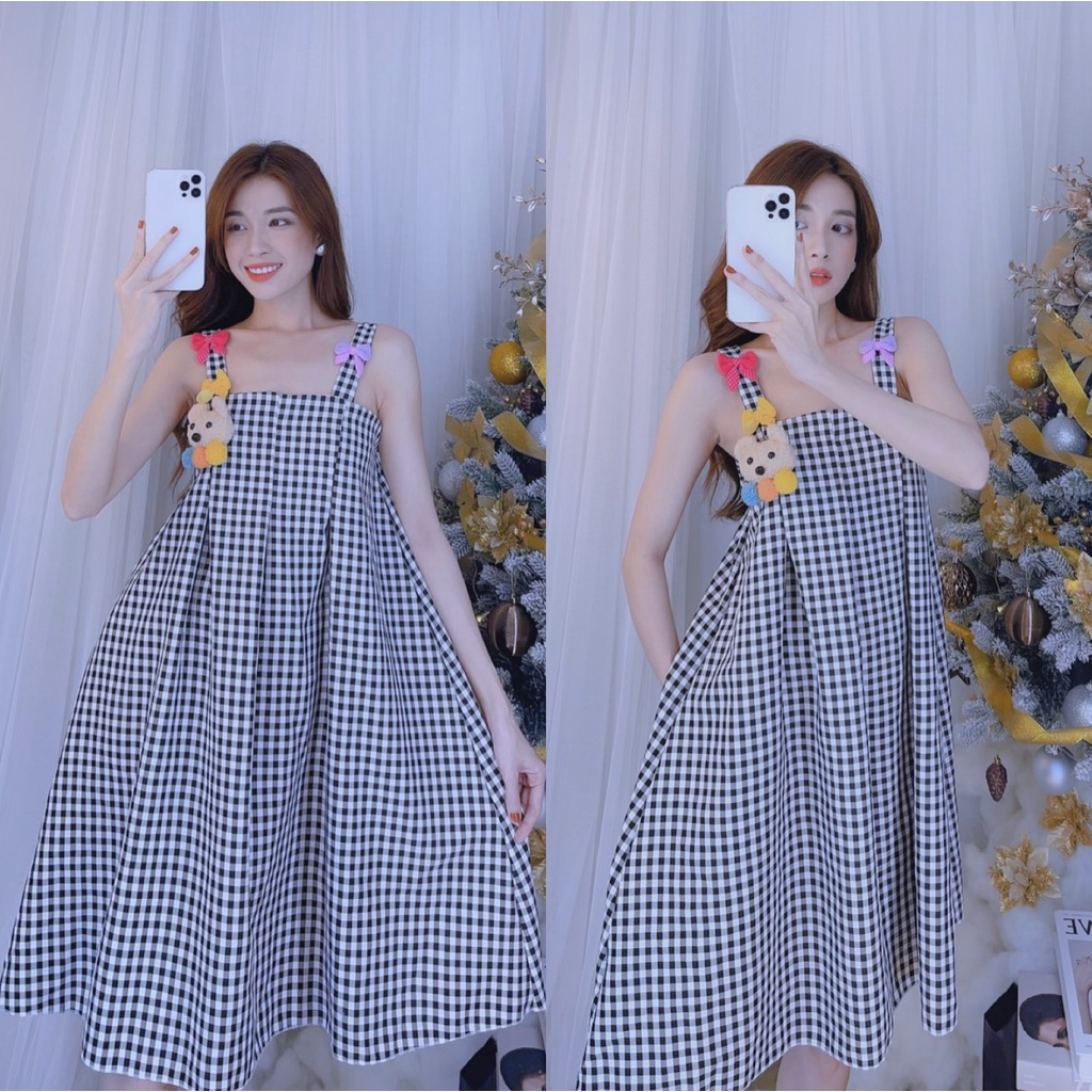Đầm hai dây caro phối gấu  dáng xòe siêu xinh, đầm babydoll phối gấu bông cute, đầm tết dễ thương