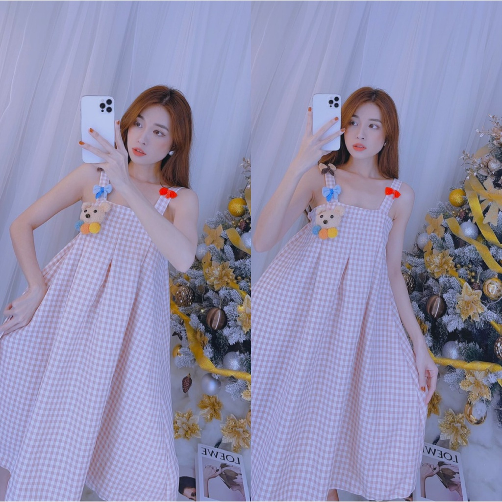 Đầm hai dây caro phối gấu  dáng xòe siêu xinh, đầm babydoll phối gấu bông cute, đầm tết dễ thương