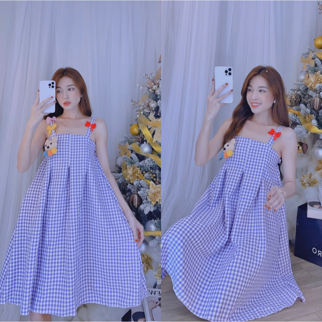 Đầm hai dây caro phối gấu  dáng xòe siêu xinh, đầm babydoll phối gấu bông cute, đầm tết dễ thương