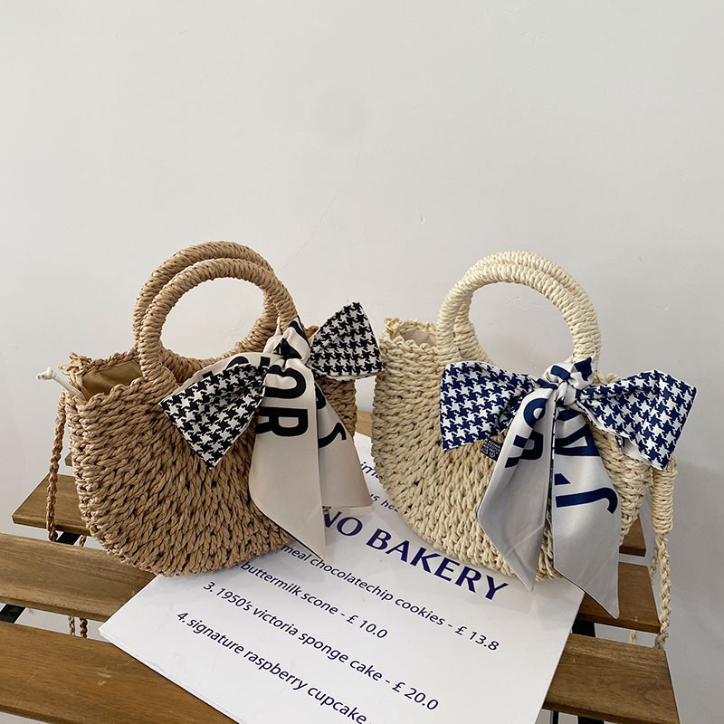 Túi cói bán nguyệt nơ ren đi biển vintage cho nữ