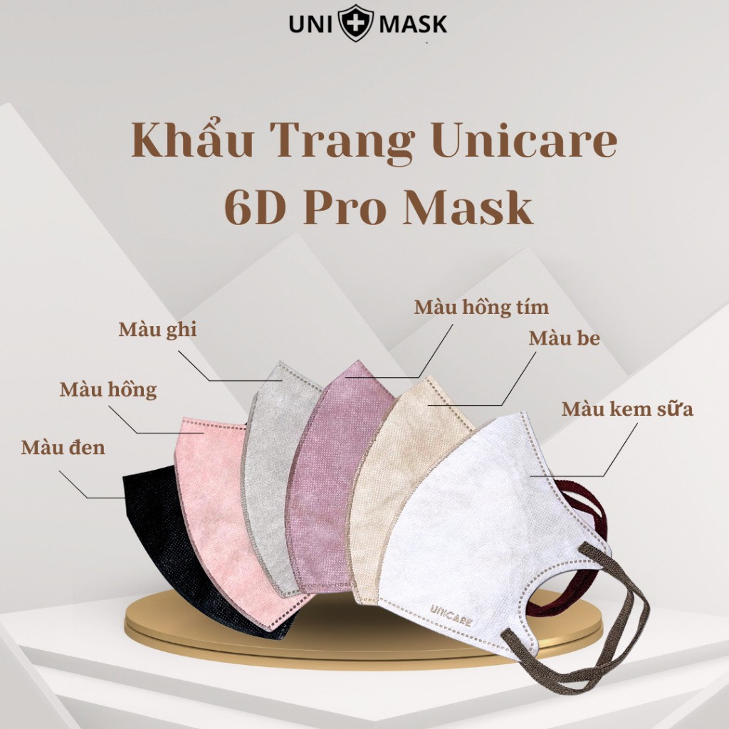 Túi 10 Chiếc Khẩu trang 6D UNICARE Pro Mask - Khẩu trang 3 Lớp Kháng Khuẩn 6 Màu Thời Trang không đau tai (tuyển si)