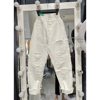 Quần jean baggy lưng cao trắng rách cá tính VIENS STORE
