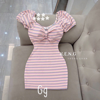 Đầm cổ vuông tay ngắn bo chun phối màu sọc nơ ngực ôm body dáng ngắn sexy