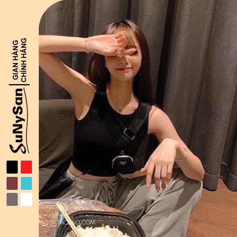Áo Thun Ba Lỗ Nữ Sát Nách Cổ Trễ Croptop Len Tăm SUNYSAN AT03
