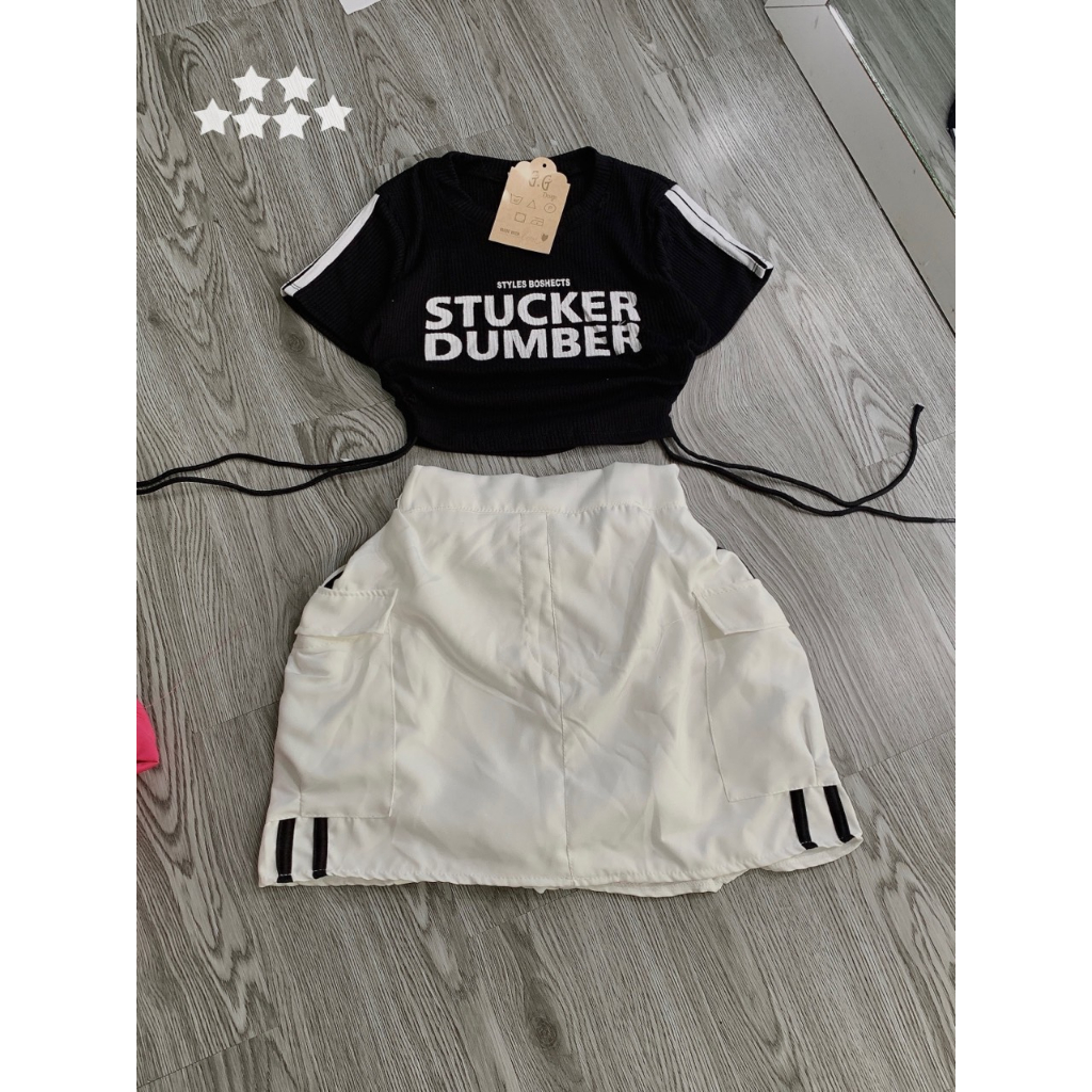 Sét bộ áo croptop tay ngắn in chữ phối chân váy túi hộp 2 sọc bên cực hot , chất thun gân váy tuyết mưa