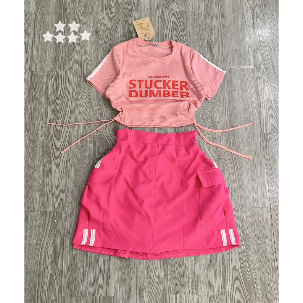 Sét bộ áo croptop tay ngắn in chữ phối chân váy túi hộp 2 sọc bên cực hot , chất thun gân váy tuyết mưa