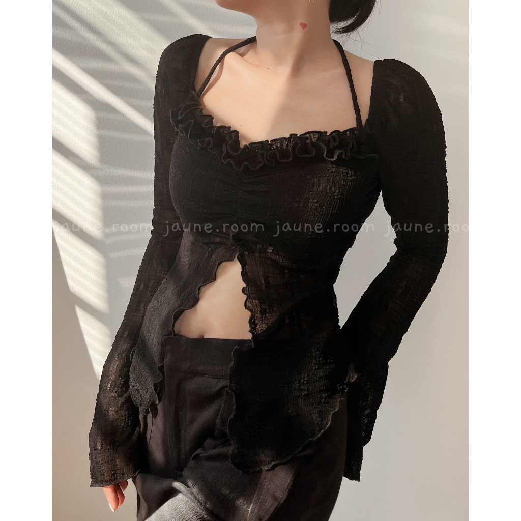 Áo tay dài thiết kế xẻ tà tôn dáng JAUNE chất thun dệt hoa- YUNA TOP