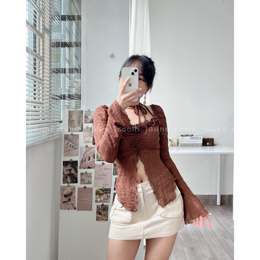 Áo tay dài thiết kế xẻ tà tôn dáng JAUNE chất thun dệt hoa- YUNA TOP