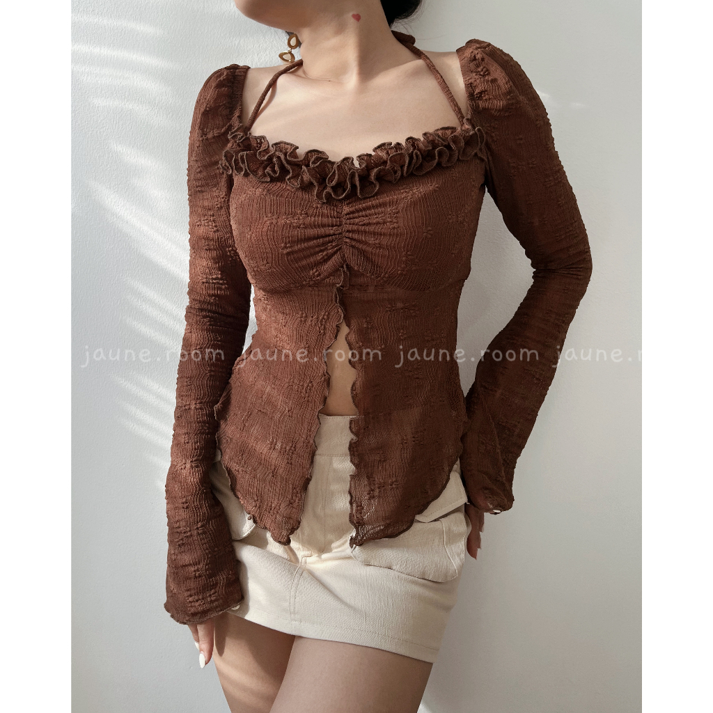 Áo tay dài thiết kế xẻ tà tôn dáng JAUNE chất thun dệt hoa- YUNA TOP