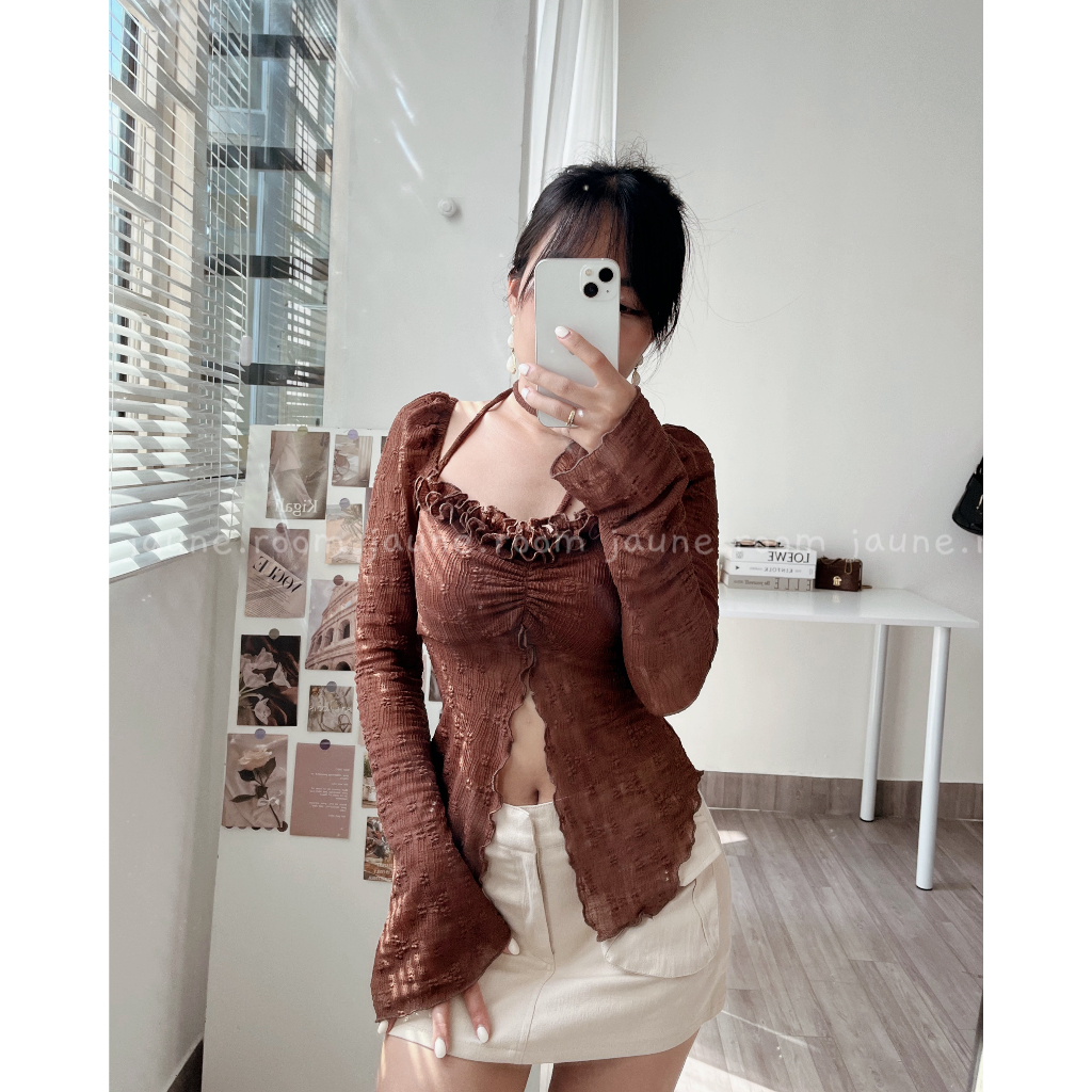 Áo tay dài thiết kế xẻ tà tôn dáng JAUNE chất thun dệt hoa- YUNA TOP