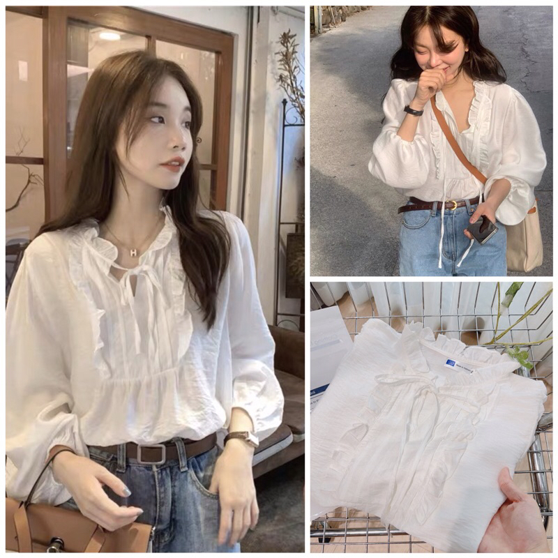 ⚡BÁN SỈ⚡A002- ÁO SƠ MI TRẮNG GU BÈO CỔ LI NGỰC TAY BỒNG