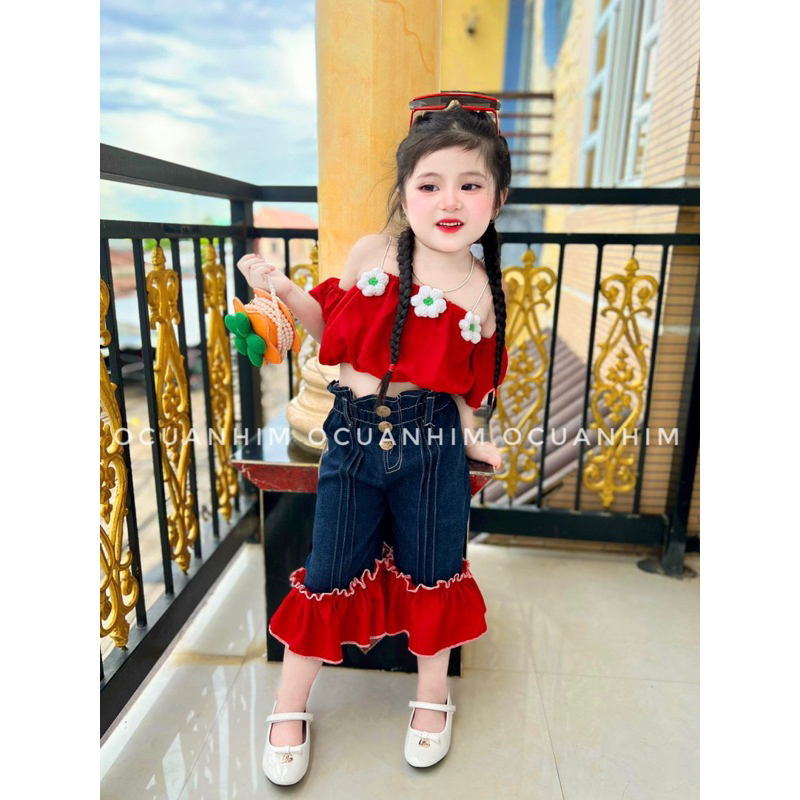 Set jean trễ vai form loe cho bé