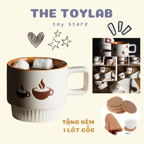 Cốc ly sứ trắng nâu vintage The Toy Lab hoạ tiết dễ thương dùng để uống nước pha trà,cà phê tặng bạn bè người thân