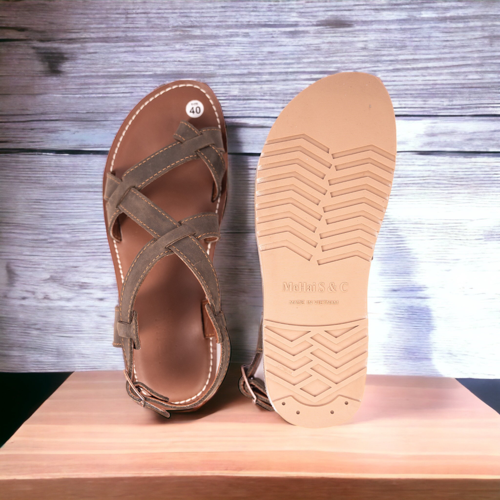 MH03-Dép xỏ ngón da bò nhập khẩu nguyên tấm đế cao su đúc nguyên khối chống trơn trượt,  Mehai