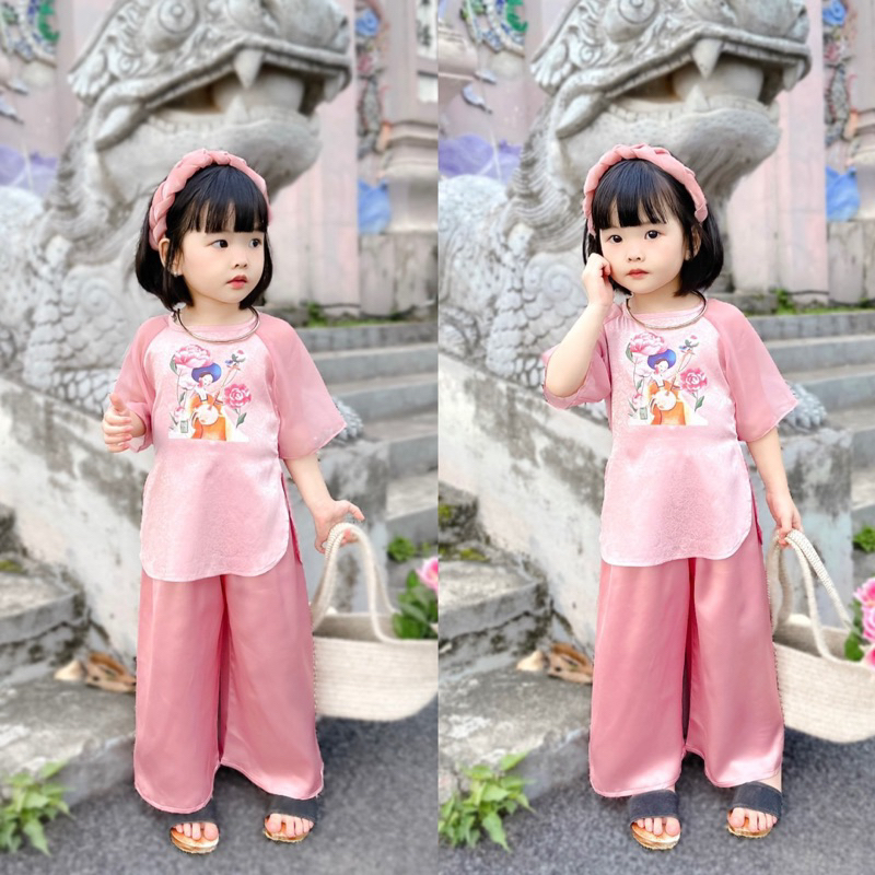 Bộ hoa sen quần lụa kèm bờm cho bé gái đi chùa, chơi trung thu lễ Tết