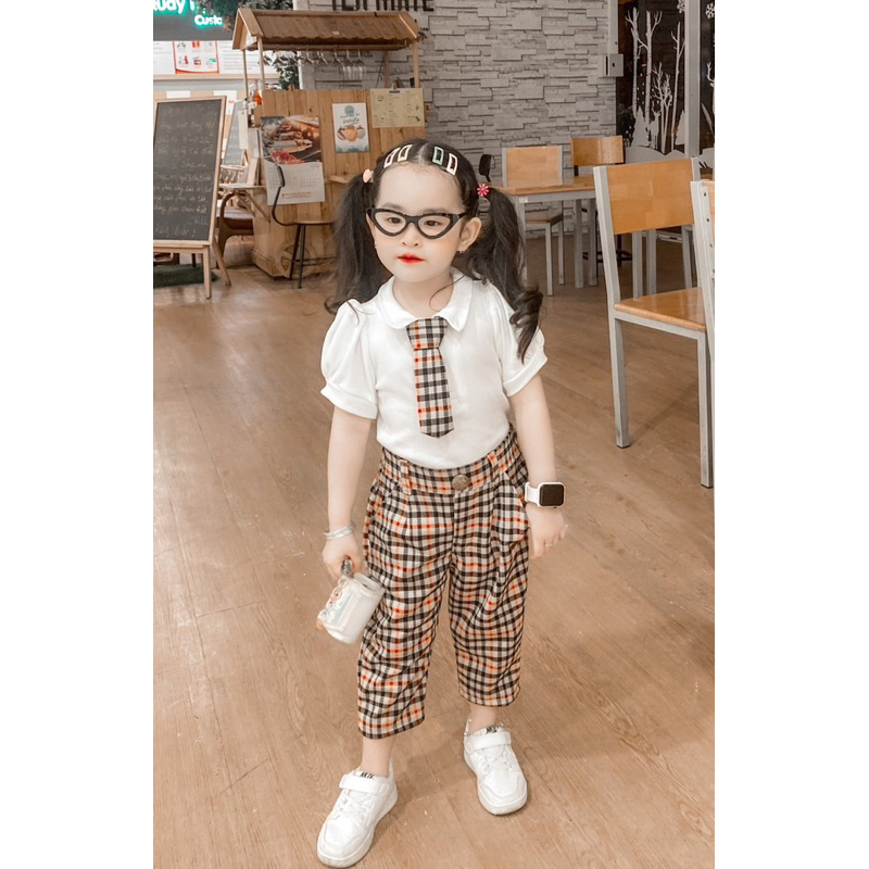 Set kẻ mix cavat học sinh đáng yêu cho bé