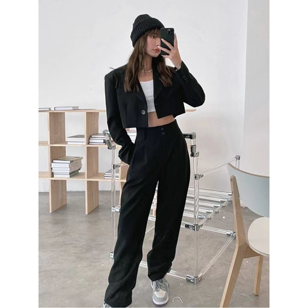 Áo blazer dáng ngắn, áo vest croptop tay dài 2 lớp có độn vai