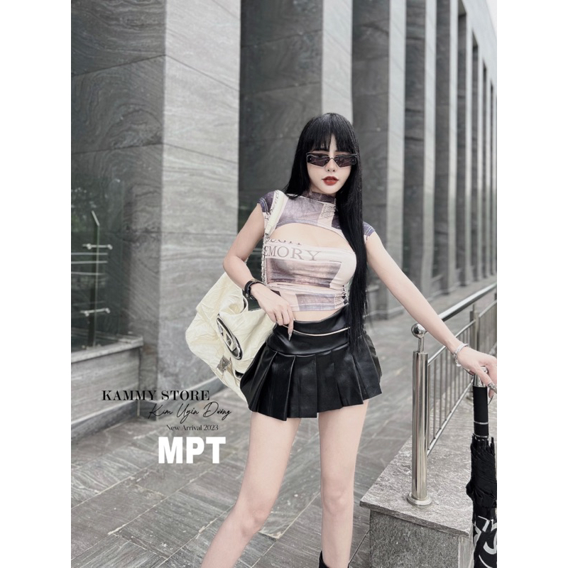 SET CHÂN VÁY DA XẾP LY ÁO LƯỚI KHOÉT NGỰC