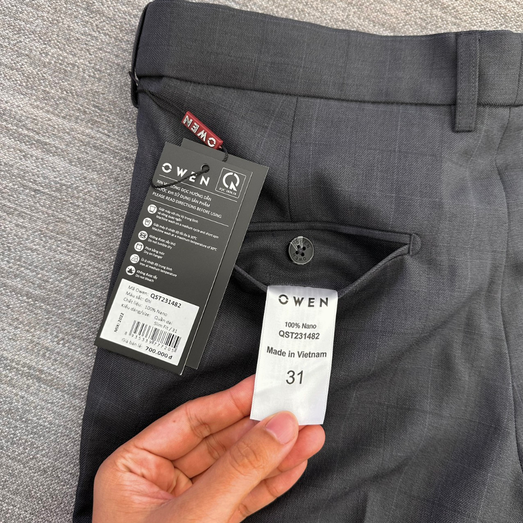 OWEN - Quần Âu nam Owen SLIMFIT CẠP TĂNG ĐƠ CO DÃN  100% Nano màu xám kẻ ca rô chìm 231482