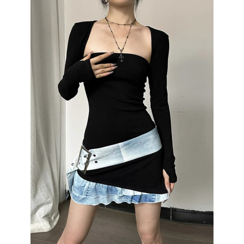 Đầm ống cúp ngực ôm body thiế kế đai eo viền bèo tầng giả denim phối khoác ngoài lửng tay dài phong cách trẻ trung