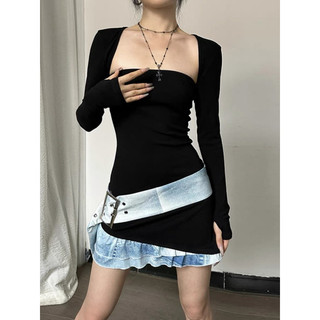 Đầm ống cúp ngực ôm body thiế kế đai eo viền bèo tầng giả denim phối khoác ngoài lửng tay dài phong cách trẻ trung