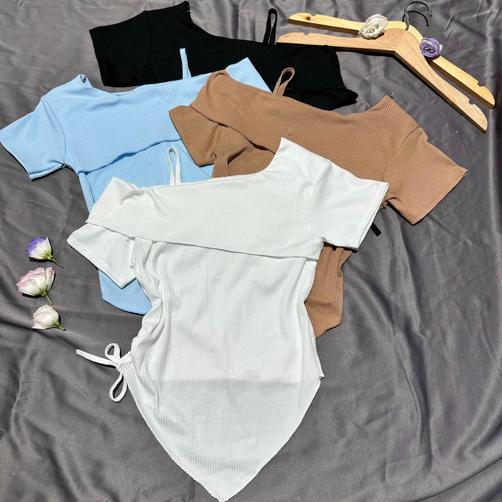 Áo thun nữ tay ngắn rút dây tễ vai 1 bên NA