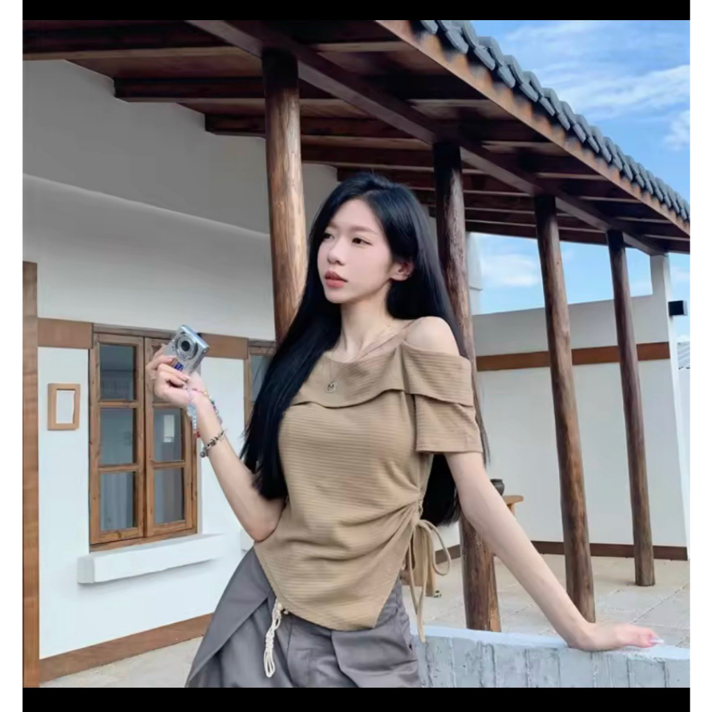 Áo thun nữ tay ngắn rút dây tễ vai 1 bên NA