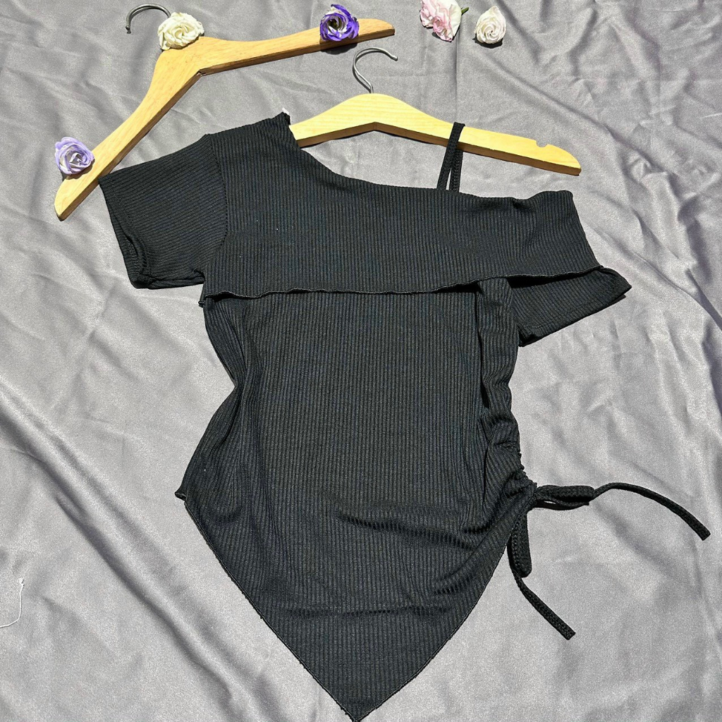 Áo thun nữ tay ngắn rút dây tễ vai 1 bên NA