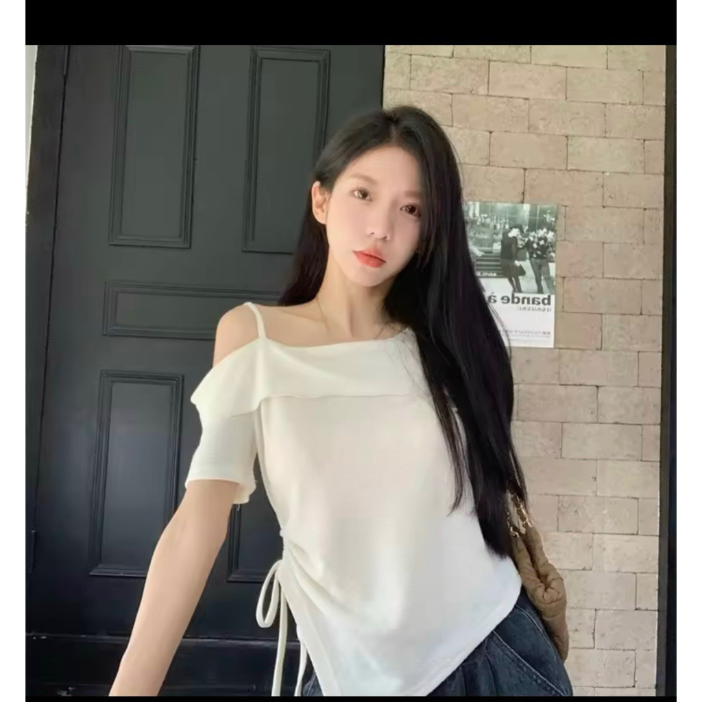 Áo thun nữ tay ngắn rút dây tễ vai 1 bên NA