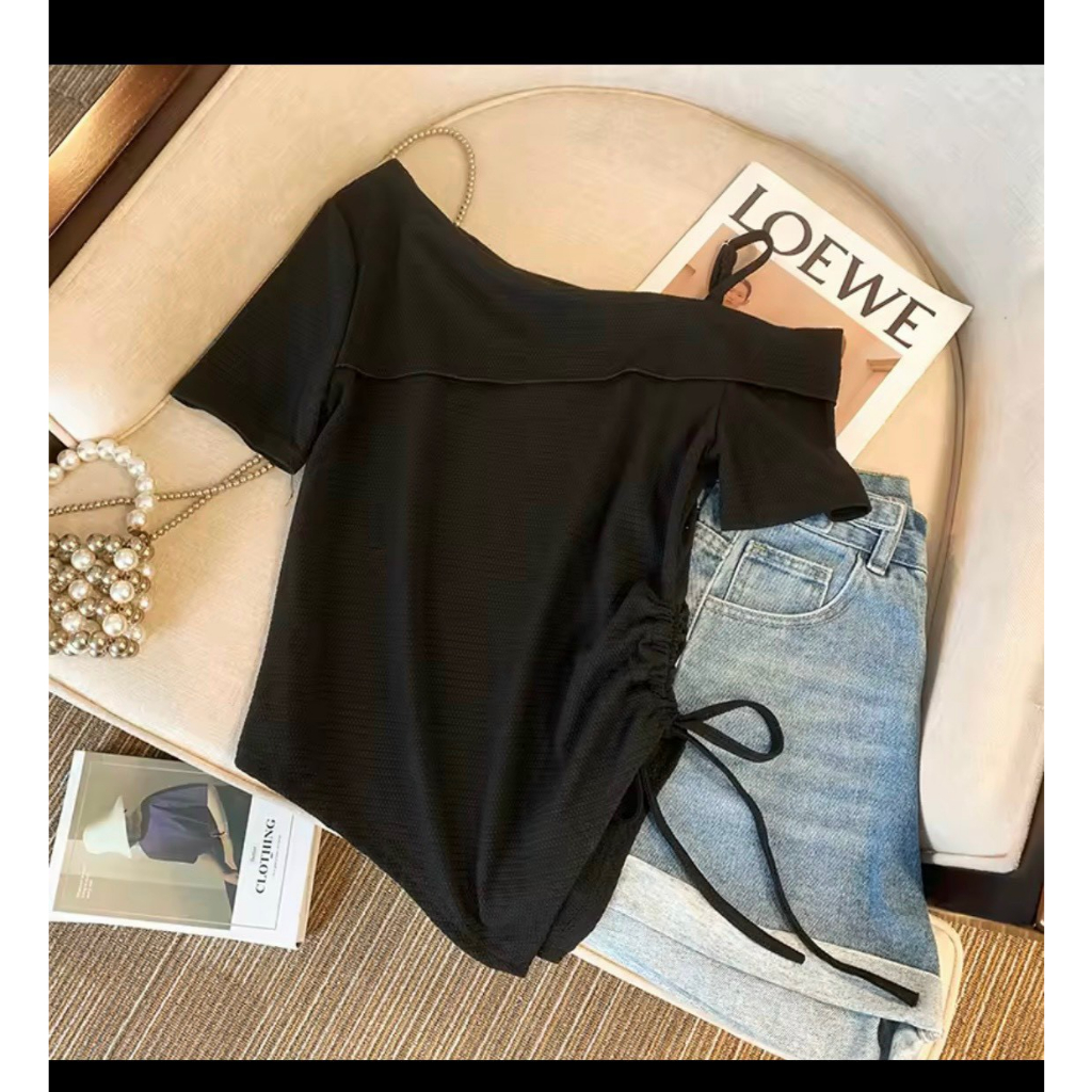 Áo thun nữ tay ngắn rút dây tễ vai 1 bên NA