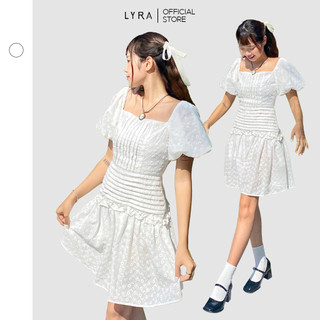 Đầm LYRA thô boi thêu hoa cổ vuông tay phồng xếp bèo nhún hông xinh xắn, phong cấc trẻ trung, nữ tính - LWNVD014