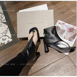 Bốt da nữ hở ngón cao gót da mềm , giày boots nữ da sịn kẹp ngón dây kéo xinh xinh