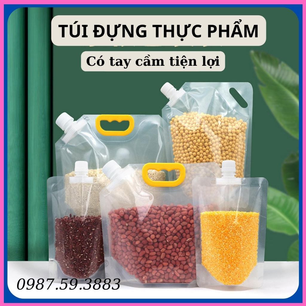 Túi đựng thực phẩm ngũ cốc, gạo túi PET trong suốt có tay cầm nút vặn kín bảo quản nguyên liệu đồ ăn nhà bếp
