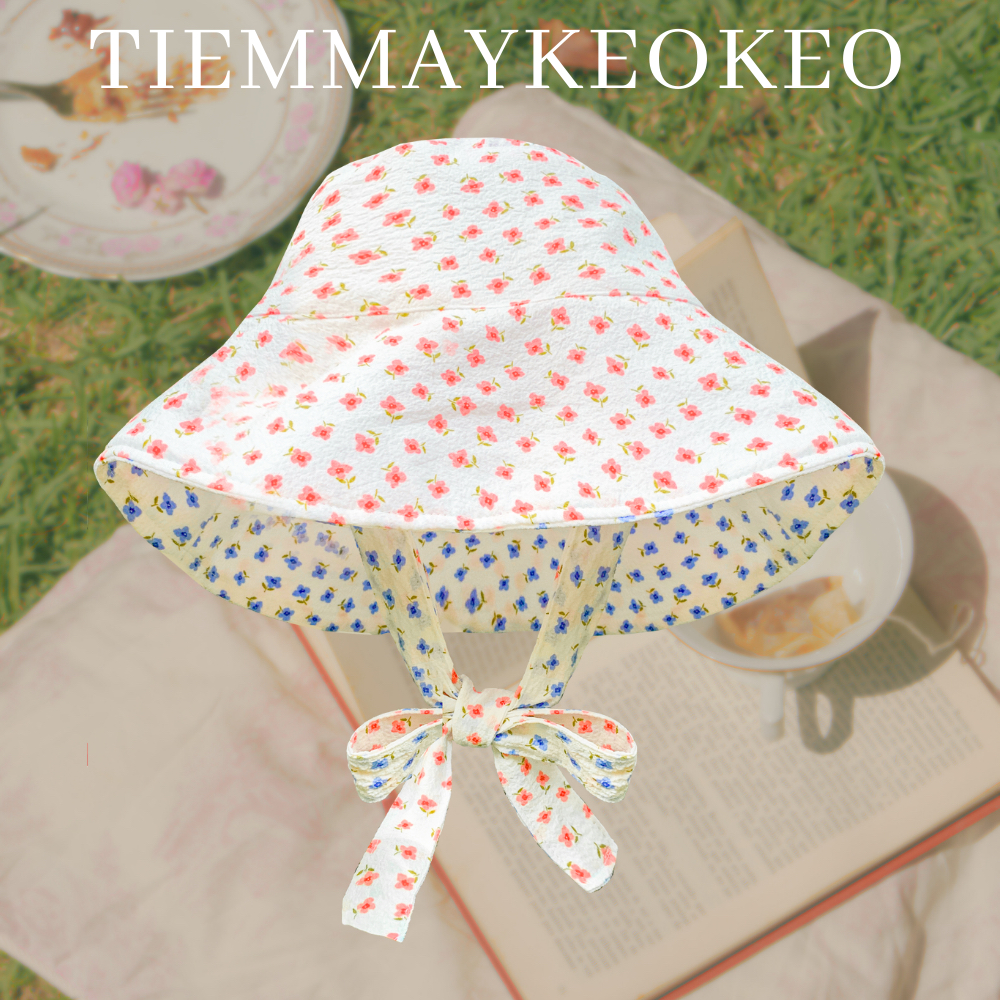 Mũ nón vành rộng hoa nhí thiết kế TIEMMAYKEOKEO mũ bucket vải caro mềm mại hai mặt kèm dây nơ tháo rời cho nữ