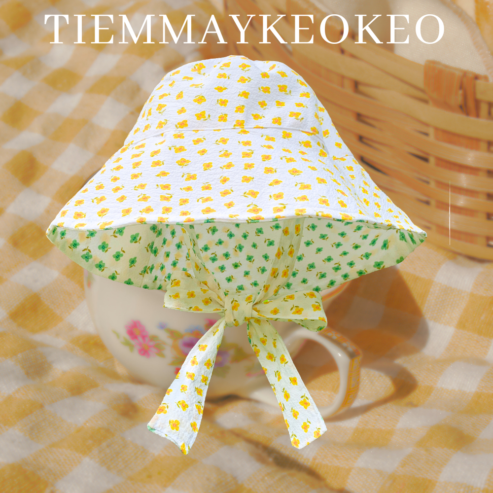 Mũ nón vành rộng hoa nhí thiết kế TIEMMAYKEOKEO mũ bucket vải caro mềm mại hai mặt kèm dây nơ tháo rời cho nữ